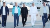 The five Central Asian leaders -- Kyrgyzstan's Sadyr Japarov (left to right), Kazakhstan's Qasym-Zhomart Toqaev, Uzbekistan's Shavkat Mirziyoev, Turkmenistan's Gurbanguly Berdymukhammedov, and Tajikistan's Emomali Rahmon -- gather in Awaza, Turkmenistan, for a summit in August 2021.
