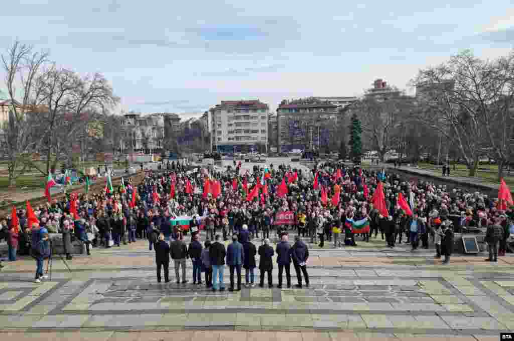 Speakers address the protest on March 9. Sofia&rsquo;s municipal council voted 41-13, with one abstention, to remove the monument and place it in Sofia&rsquo;s Museum of Socialist Art or &ldquo;another suitable state-owned site outside the central urban area of the city.&rdquo;