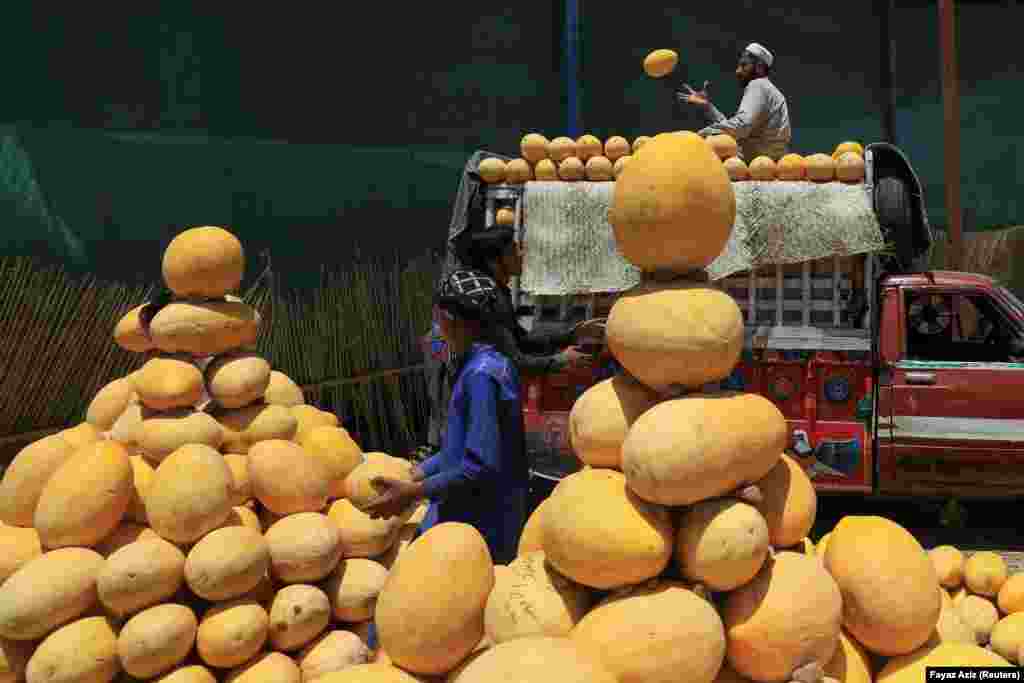 A man arranges sun melons atop a vehicle at a wholesale fruit market in Peshawar, Pakistan.