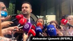 Europe Now leader Milojko Spajic speaks to the press following voting in Podgorica on June 11.