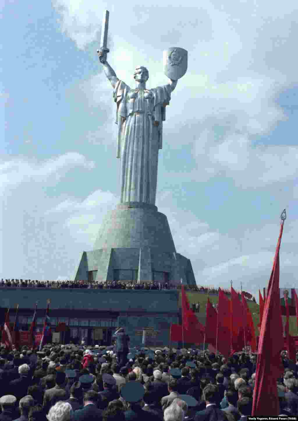 The opening ceremony for the Motherland Monument on May 9, 1981. Soviet leader Leonid Brezhnev can be seen (lower left) speaking during the event.&nbsp;
