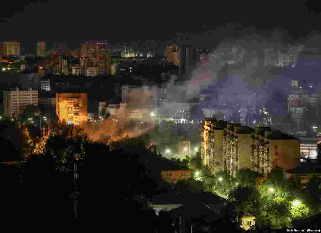 Smoke rises above Kyiv following the drone attack.&nbsp;Klitschko also said two people were injured when debris damaged an apartment building in the Darnytskiy district.