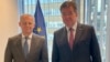 Kosovar Deputy Prime Minister Besnik Bislimi (left) and the EU's special envoy for the Kosovo-Serbia dialogue, Miroslav Lajcak, met in Bratislava on July 11.