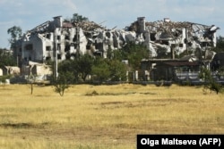 A destroyed building in occupied Rubizhne in July 2022.