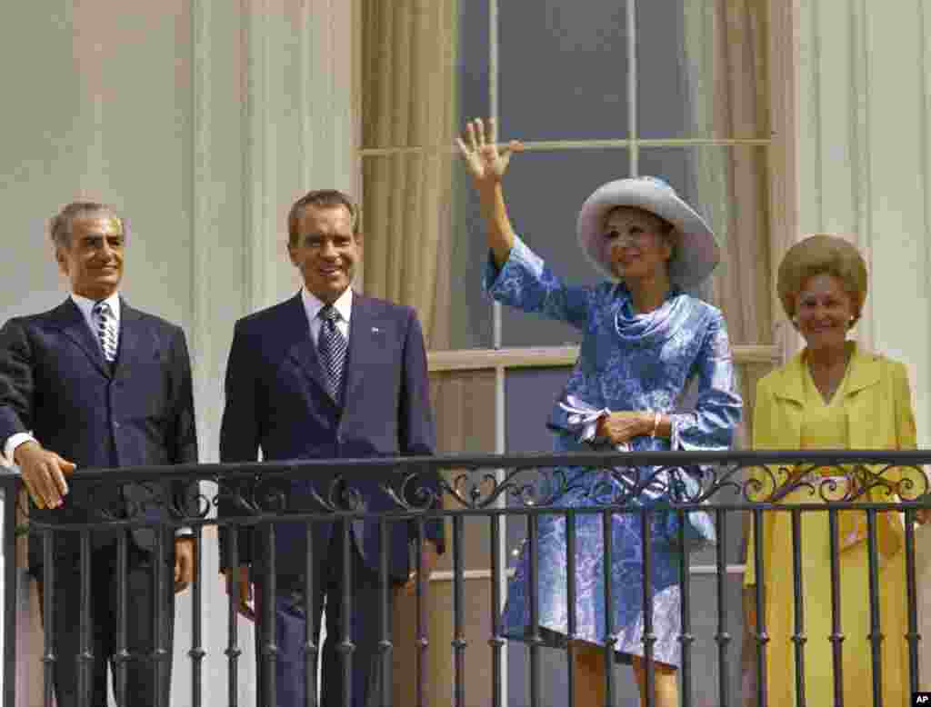 The shah and Empress Farah with President Richard M. Nixon and Mrs. Pat Nixon on a White House balcony in Washington, D.C. in July 1973.&nbsp;