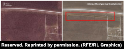 Two satellite images of Manhush taken on March 23 (left) and March 29. The swath of possible graves appears to have been dug between these dates.
