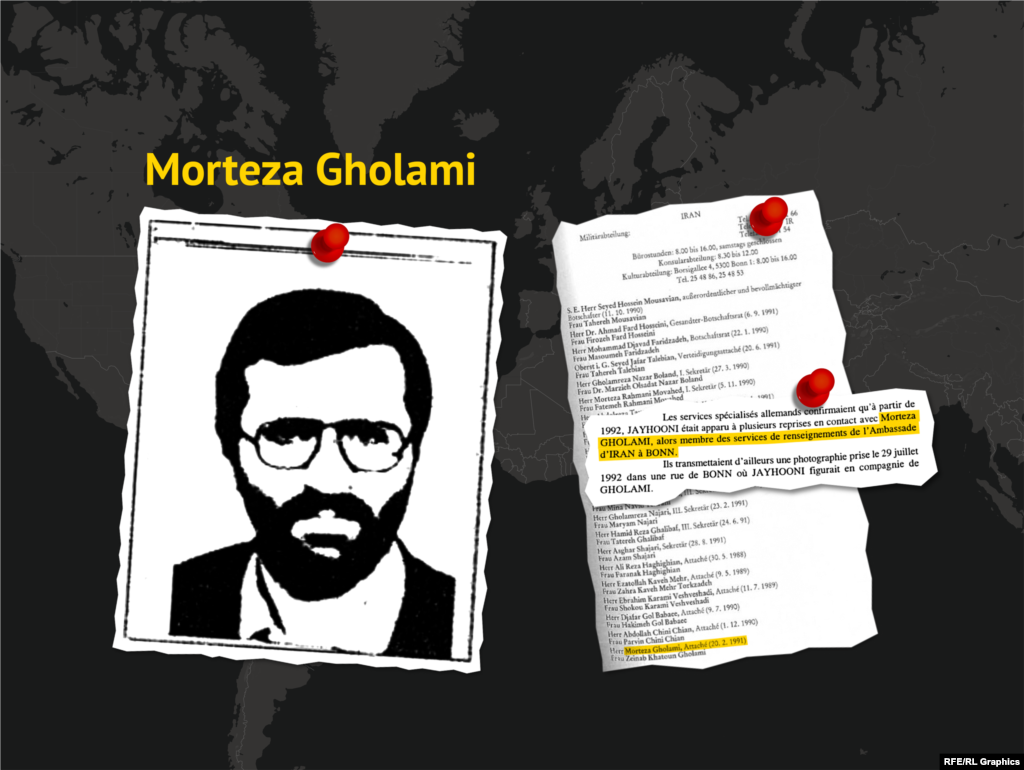 Iranian intelligence officer&nbsp;who served&nbsp;at Tehran&rsquo;s embassy in&nbsp;Bonn; German authorities said he&nbsp;&ldquo;likely had a leading role&rdquo; in the 1992 killing&nbsp;of Iranian-Kurdish opposition leaders in Berlin.&nbsp;Farrokhzad&rsquo;s associates say the artist met with Gholami&nbsp;to discuss&nbsp;returning to Iran; appears to be the same man who allegedly &ldquo;threatened to kill [Farrokhzad]&nbsp;if he would not collaborate with the regime.&rdquo;&nbsp;Gholami also&nbsp;met with&nbsp;Bonn-based Iranian&nbsp;exile&nbsp;Ahmad&nbsp;Jayhooni, who was&nbsp;later convicted in Paris of complicity in the&nbsp;1996&nbsp;murder of Iranian opposition figure&nbsp;Reza&nbsp;Mazluman.